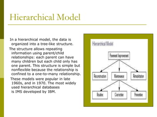 Hierarchical Model
In a hierarchical model, the data is
organized into a tree-like structure.
The structure allows repeating
information using parent/child
relationships: each parent can have
many children but each child only has
one parent. This structure is simple but
nonflexible because the relationship is
confined to a one-to-many relationship.
These models were popular in late
1960s, and in 1970. The most widely
used hierarchical databases
is IMS developed by IBM.
 