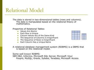 Relational Model
The data is stored in two-dimensional tables (rows and columns).
The data is manipulated based on the relational theory of
mathematics.
Properties of Relational Tables:
 Values Are Atomic
 Each Row is Unique
 Column Values Are of the Same Kind
 The Sequence of Columns is Insignificant
 The Sequence of Rows is Insignificant
 Each Column Has a Unique Name
A relational database management system (RDBMS) is a DBMS that
is based on the relational model.
Some well known RDBMS:
IBM DB2, Informix, Microsoft SQL Server, Microsoft Visul
Foxpro, MySQL, Oracle, Sybase, Teradata, Microsoft Access
 