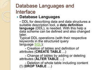 Database Languages and
Interface
 Database Languages
- DDL for describing data and data structures a
suitable description...