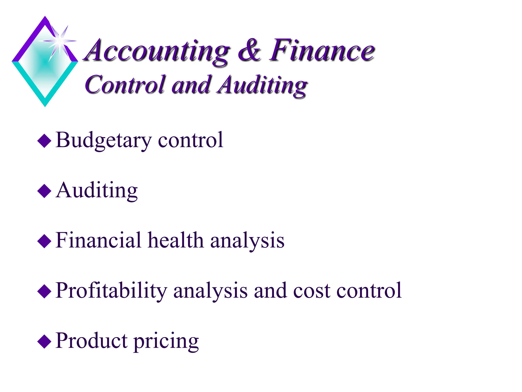 Accounting & Finance
Control and Auditing
Budgetary control
Auditing
Financial health analysis
Profitability analysis and cost control
Product pricing
 