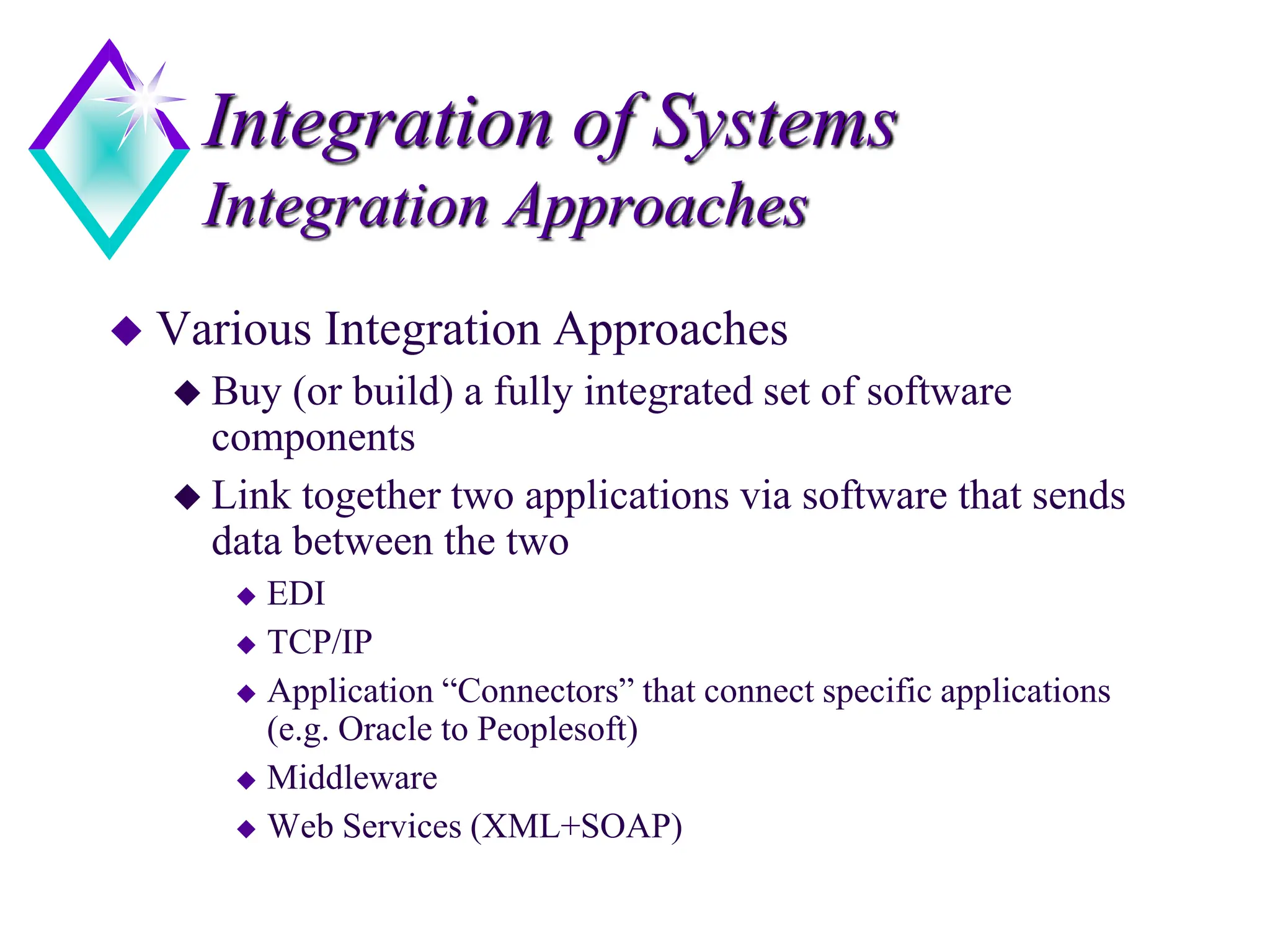 Integration of Systems
Integration Approaches
 Various Integration Approaches
 Buy (or build) a fully integrated set of software
components
 Link together two applications via software that sends
data between the two
 EDI
 TCP/IP
 Application “Connectors” that connect specific applications
(e.g. Oracle to Peoplesoft)
 Middleware
 Web Services (XML+SOAP)
 