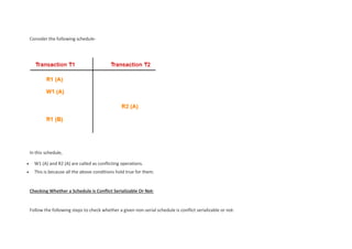 Consider the following schedule-
In this schedule,
 W1 (A) and R2 (A) are called as conflicting operations.
 This is because all the above conditions hold true for them.
Checking Whether a Schedule is Conflict Serializable Or Not-
Follow the following steps to check whether a given non-serial schedule is conflict serializable or not-
 