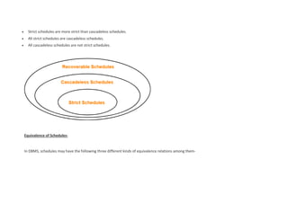  Strict schedules are more strict than cascadeless schedules.
 All strict schedules are cascadeless schedules.
 All cascadeless schedules are not strict schedules.
Equivalence of Schedules-
In DBMS, schedules may have the following three different kinds of equivalence relations among them-
 