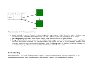 There are drawbacks to the shadow-page technique:
1. Commit overhead. The commit of a single transaction using shadow paging requires multiple blocks to be output -- the current page
table, the actual data and the disk address of the current page table. Log-based schemes need to output only the log records.
2. Data fragmentation. Shadow paging causes database pages to change locations (therefore, no longer contiguous.
3. Garbage collection. Each time that a transaction commits, the database pages containing the old version of data changed by the
transactions must become inaccessible. Such pages are considered to be garbage since they are not part of the free space and do not
contain any usable information. Periodically it is necessary to find all of the garbage pages and add them to the list of free pages. This
process is called garbage collection and imposes additional overhead and complexity on the system.
Deadlock Handling
System is deadlocked if there is a set of transactions such that every transaction in the set is waiting for another transaction in the set.
Deadlock prevention protocols ensure that the system will never enter into a deadlock state. Some prevention strategies:
 