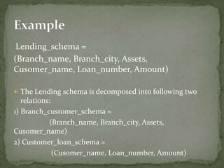 Lending_schema =
(Branch_name, Branch_city, Assets,
Cusomer_name, Loan_number, Amount)
 The Lending schema is decomposed into following two
relations:
1) Branch_customer_schema =
(Branch_name, Branch_city, Assets,
Cusomer_name)
2) Customer_loan_schema =
(Cusomer_name, Loan_number, Amount)
 