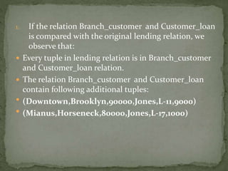 1. If the relation Branch_customer and Customer_loan
is compared with the original lending relation, we
observe that:
 Every tuple in lending relation is in Branch_customer
and Customer_loan relation.
 The relation Branch_customer and Customer_loan
contain following additional tuples:
 (Downtown,Brooklyn,90000,Jones,L-11,9000)
 (Mianus,Horseneck,80000,Jones,L-17,1000)
 