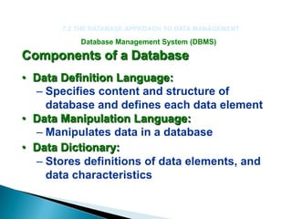 7.2 THE DATABASE APPROACH TO DATA MANAGEMENT

           Database Management System (DBMS)

Components of a Database
• Data Definition Language:
  – Specifies content and structure of
    database and defines each data element
• Data Manipulation Language:
  – Manipulates data in a database
• Data Dictionary:
  – Stores definitions of data elements, and
    data characteristics
 