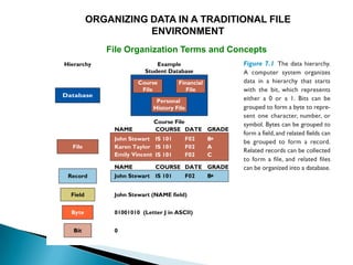 ORGANIZING DATA IN A TRADITIONAL FILE
           ENVIRONMENT
   File Organization Terms and Concepts
 