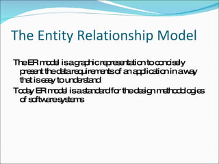 The Entity Relationship Model The ER model is a graphic representation to concisely present the data requirements of an application in a way that is easy to understand Today ER model is a standard for the design methodologies of software systems 