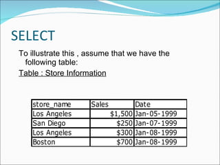 SELECT To illustrate this , assume that we have the following table: Table : Store Information 