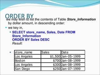 ORDER BY we may wish to list the contents of Table  Store_Information  by dollar amount, in descending order: we key in, SELECT store_name, Sales, Date FROM Store_Information ORDER BY Sales DESC Result:    