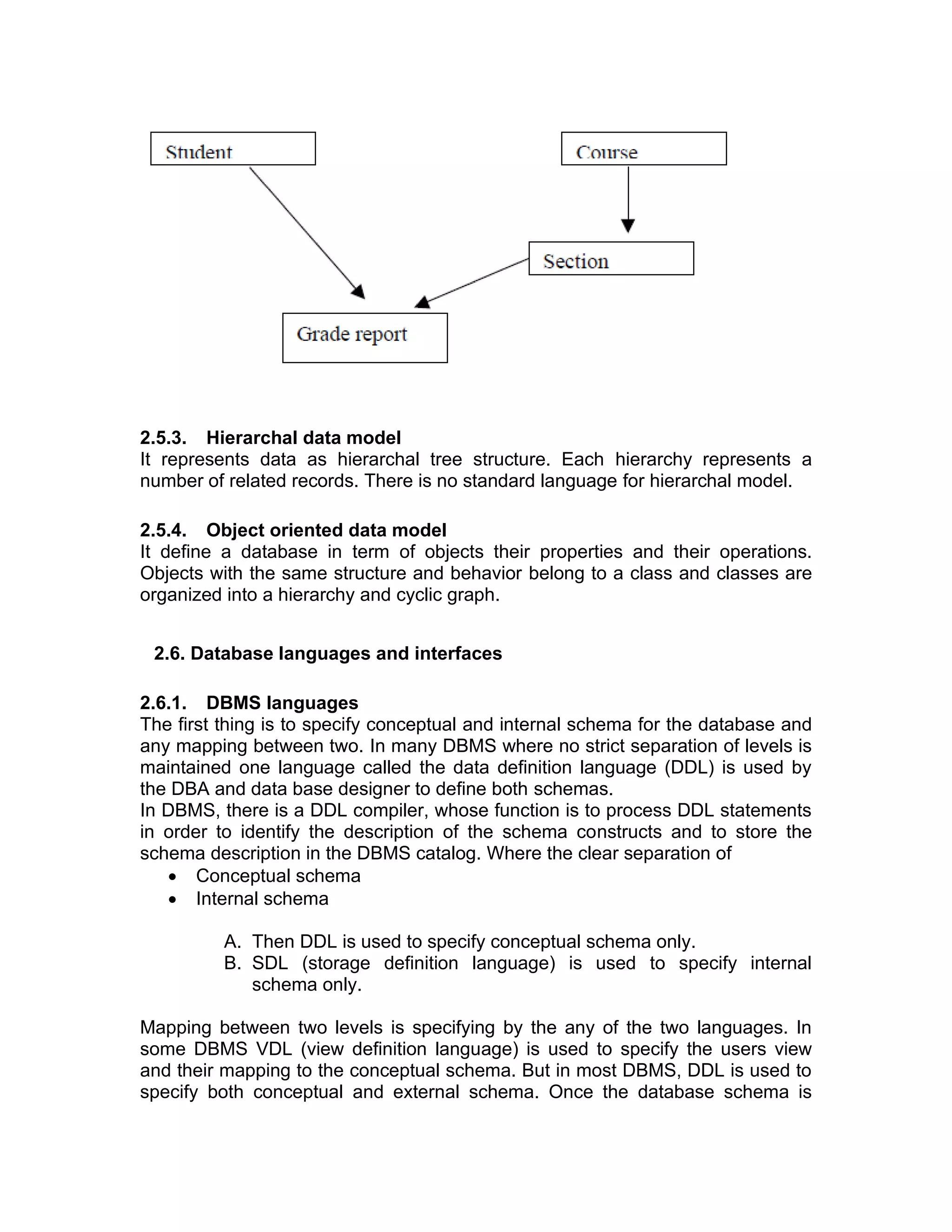 2.5.3. Hierarchal data model
It represents data as hierarchal tree structure. Each hierarchy represents a
number of related records. There is no standard language for hierarchal model.
2.5.4. Object oriented data model
It define a database in term of objects their properties and their operations.
Objects with the same structure and behavior belong to a class and classes are
organized into a hierarchy and cyclic graph.
2.6. Database languages and interfaces
2.6.1. DBMS languages
The first thing is to specify conceptual and internal schema for the database and
any mapping between two. In many DBMS where no strict separation of levels is
maintained one language called the data definition language (DDL) is used by
the DBA and data base designer to define both schemas.
In DBMS, there is a DDL compiler, whose function is to process DDL statements
in order to identify the description of the schema constructs and to store the
schema description in the DBMS catalog. Where the clear separation of
• Conceptual schema
• Internal schema
A. Then DDL is used to specify conceptual schema only.
B. SDL (storage definition language) is used to specify internal
schema only.
Mapping between two levels is specifying by the any of the two languages. In
some DBMS VDL (view definition language) is used to specify the users view
and their mapping to the conceptual schema. But in most DBMS, DDL is used to
specify both conceptual and external schema. Once the database schema is
 