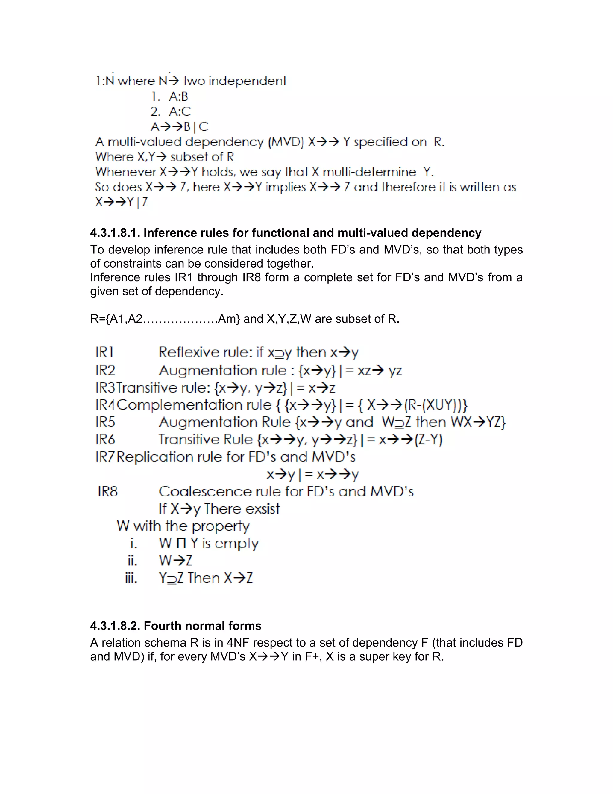 4.3.1.8.1. Inference rules for functional and multi-valued dependency
To develop inference rule that includes both FD’s and MVD’s, so that both types
of constraints can be considered together.
Inference rules IR1 through IR8 form a complete set for FD’s and MVD’s from a
given set of dependency.
R={A1,A2……………….Am} and X,Y,Z,W are subset of R.
4.3.1.8.2. Fourth normal forms
A relation schema R is in 4NF respect to a set of dependency F (that includes FD
and MVD) if, for every MVD’s X→→Y in F+, X is a super key for R.
 