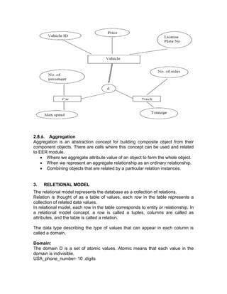 2.8.6. Aggregation
Aggregation is an abstraction concept for building composite object from their
component objects. There are calls where this concept can be used and related
to EER module.
• Where we aggregate attribute value of an object to form the whole object.
• When we represent an aggregate relationship as an ordinary relationship.
• Combining objects that are related by a particular relation instances.
3. RELETIONAL MODEL
The relational model represents the database as a collection of relations.
Relation is thought of as a table of values, each row in the table represents a
collection of related data values.
In relational model, each row in the table corresponds to entity or relationship. In
a relational model concept, a row is called a tuples, columns are called as
attributes, and the table is called a relation.
The data type describing the type of values that can appear in each column is
called a domain.
Domain:
The domain D is a set of atomic values. Atomic means that each value in the
domain is indivisible.
USA_phone_number- 10 .digits
 