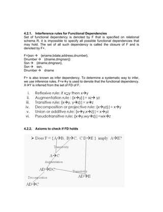 4.2.1. Interference rules for Functional Dependencies
Set of functional dependency is denoted by F that is specified on relational
schema R. it is impossible to specify all possible functional dependencies that
may hold. The set of all such dependency is called the closure of F and is
denoted by F+.
F={ssn → {ename,bdate,address,dnumber},
Dnumber → {dname,dmgrssn}}
Ssn → {dname,dmgrssn},
Ssn → ssn,
Dnumber → dname
F+ is also known as infer dependency. To determine a systematic way to infer,
we use inference rules. F=x→y is used to denote that the functional dependency.
X→Y is inferred from the set of FD of F.
4.2.2. Axioms to check if FD holds
 