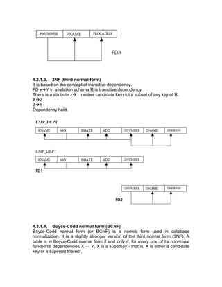 4.3.1.3. 3NF (third normal form)
It is based on the concept of transitive dependency.
FD x→Y in a relation schema R is transitive dependency.
There is a attribute z→ neither candidate key not a subset of any key of R.
X→Z
Z→Y
Dependency hold.
4.3.1.4. Boyce-Codd normal form (BCNF)
Boyce-Codd normal form (or BCNF) is a normal form used in database
normalization. It is a slightly stronger version of the third normal form (3NF). A
table is in Boyce-Codd normal form if and only if, for every one of its non-trivial
functional dependencies X → Y, X is a superkey - that is, X is either a candidate
key or a superset thereof.
 
