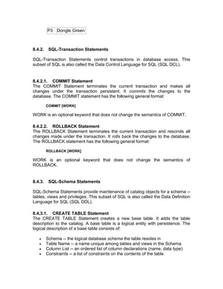 P3 Dongle Green
8.4.2. SQL-Transaction Statements
SQL-Transaction Statements control transactions in database access. This
subset of SQL is also called the Data Control Language for SQL (SQL DCL).
8.4.2.1. COMMIT Statement
The COMMIT Statement terminates the current transaction and makes all
changes under the transaction persistent. It commits the changes to the
database. The COMMIT statement has the following general format:
COMMIT [WORK]
WORK is an optional keyword that does not change the semantics of COMMIT.
8.4.2.2. ROLLBACK Statement
The ROLLBACK Statement terminates the current transaction and rescinds all
changes made under the transaction. It rolls back the changes to the database.
The ROLLBACK statement has the following general format:
ROLLBACK [WORK]
WORK is an optional keyword that does not change the semantics of
ROLLBACK.
8.4.3. SQL-Schema Statements
SQL-Schema Statements provide maintenance of catalog objects for a schema --
tables, views and privileges. This subset of SQL is also called the Data Definition
Language for SQL (SQL DDL).
8.4.3.1. CREATE TABLE Statement
The CREATE TABLE Statement creates a new base table. It adds the table
description to the catalog. A base table is a logical entity with persistence. The
logical description of a base table consists of:
• Schema -- the logical database schema the table resides in
• Table Name -- a name unique among tables and views in the Schema
• Column List -- an ordered list of column declarations (name, data type)
• Constraints -- a list of constraints on the contents of the table
 