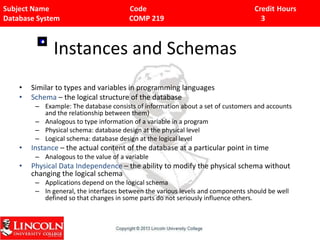 Subject Name Code Credit Hours
Database System COMP 219 3
Instances and Schemas
• Similar to types and variables in programming languages
• Schema – the logical structure of the database
– Example: The database consists of information about a set of customers and accounts
and the relationship between them)
– Analogous to type information of a variable in a program
– Physical schema: database design at the physical level
– Logical schema: database design at the logical level
• Instance – the actual content of the database at a particular point in time
– Analogous to the value of a variable
• Physical Data Independence – the ability to modify the physical schema without
changing the logical schema
– Applications depend on the logical schema
– In general, the interfaces between the various levels and components should be well
defined so that changes in some parts do not seriously influence others.
 