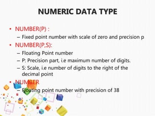 • NUMBER(P) :
– Fixed point number with scale of zero and precision p
• NUMBER(P,S):
– Floating Point number
– P: Precision part, i.e maximum number of digits.
– S: Scale, i.e number of digits to the right of the
decimal point
• NUMBER
– Floating point number with precision of 38
NUMERIC DATA TYPE
 