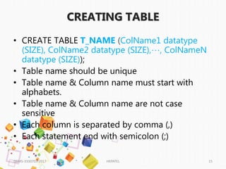 CREATING TABLE
• CREATE TABLE T_NAME (ColName1 datatype
(SIZE), ColName2 datatype (SIZE),…, ColNameN
datatype (SIZE));
• Table name should be unique
• Table name & Column name must start with
alphabets.
• Table name & Column name are not case
sensitive
• Each column is separated by comma (,)
• Each statement end with semicolon (;)
DBMS-3330703-2017 HKPATEL 15
 