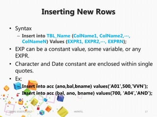 Inserting New Rows
• Syntax
– Insert into TBL_Name (ColName1, ColName2,…,
ColNameN) Values (EXPR1, EXPR2,…, EXPRN);
• EXP can be a constant value, some variable, or any
EXPR.
• Character and Date constant are enclosed within single
quotes.
• Ex:
– Insert into acc (ano,bal,bname) values(‘A01’,500,’VVN’);
– Insert into acc (bal, ano, bname) values(700, ‘A04’,’AND’);
DBMS-3330703-2017 HKPATEL 17
 