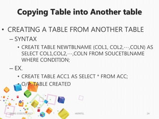 Copying Table into Another table
• CREATING A TABLE FROM ANOTHER TABLE
– SYNTAX
• CREATE TABLE NEWTBLNAME (COL1, COL2,…,COLN) AS
SELECT COL1,COL2,…,COLN FROM SOUCETBLNAME
WHERE CONDITION;
– EX.
• CREATE TABLE ACC1 AS SELECT * FROM ACC;
• O/P: TABLE CREATED
DBMS-3330703-2017 HKPATEL 24
 