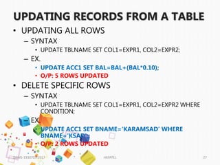 UPDATING RECORDS FROM A TABLE
• UPDATING ALL ROWS
– SYNTAX
• UPDATE TBLNAME SET COL1=EXPR1, COL2=EXPR2;
– EX.
• UPDATE ACC1 SET BAL=BAL+(BAL*0.10);
• O/P: 5 ROWS UPDATED
• DELETE SPECIFIC ROWS
– SYNTAX
• UPDATE TBLNAME SET COL1=EXPR1, COL2=EXPR2 WHERE
CONDITION;
– EX.
• UPDATE ACC1 SET BNAME=‘KARAMSAD’ WHERE
BNAME=‘KSAD’;;
• O/P: 2 ROWS UPDATED
DBMS-3330703-2017 HKPATEL 27
 