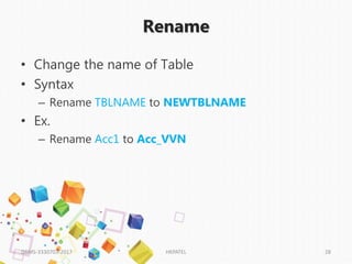 Rename
• Change the name of Table
• Syntax
– Rename TBLNAME to NEWTBLNAME
• Ex.
– Rename Acc1 to Acc_VVN
DBMS-3330703-2017 HKPATEL 28
 
