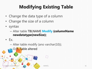 Modifying Existing Table
• Change the data type of a column
• Change the size of a column
• syntax
– Alter table TBLNAME Modify (columnName
newdatatype(newSize);
• Ex.
– Alter table modify (ano varchar(10));
– O/P: Table altered
DBMS-3330703-2017 HKPATEL 35
 