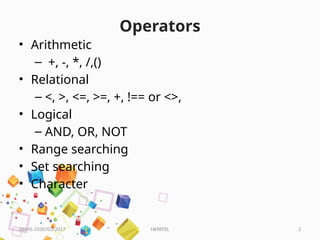 HKPATEL 3
Operators
• Arithmetic
– +, -, *, /,()
• Relational
– <, >, <=, >=, +, !== or <>,
• Logical
– AND, OR, NOT
• Range searching
• Set searching
• Character
DBMS-3330703-2017
 
