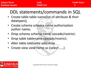 Subject Name Code Credit Hours
Database System COMP 219 3
DDL statements/commands in SQL
• Create table table name(list of attribute & their
datatypes);
• Create schema schema name authorization
author name;
• Drop schema schema name cascade/restrict;
• Drop table tablename cascade/restrict;
• Alter table talename add/drop
• Create view view name as (select …..)
 