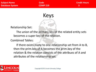 Subject Name Code Credit Hours
Database System COMP 219 3
Keys
Relationship Set:
The union of the primary key of the related entity sets
becomes a super key of the relation.
Combined Tables:
If there exists many to one relationship set from A to B,
then the prim.key of A becomes the prim.key of the
relation & the relation consists of the attribues of A and
attributes of the relationship set.
 