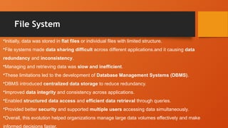 File System
•Initially, data was stored in flat files or individual files with limited structure.
•File systems made data sharing difficult across different applications.and it causing data
redundancy and inconsistency.
•Managing and retrieving data was slow and inefficient.
•These limitations led to the development of Database Management Systems (DBMS).
•DBMS introduced centralized data storage to reduce redundancy.
•Improved data integrity and consistency across applications.
•Enabled structured data access and efficient data retrieval through queries.
•Provided better security and supported multiple users accessing data simultaneously.
•Overall, this evolution helped organizations manage large data volumes effectively and make
informed decisions faster.
 