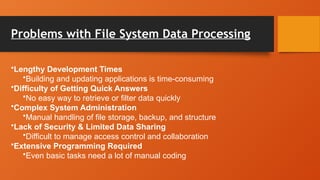 Problems with File System Data Processing
•Lengthy Development Times
•Building and updating applications is time-consuming
•Difficulty of Getting Quick Answers
•No easy way to retrieve or filter data quickly
•Complex System Administration
•Manual handling of file storage, backup, and structure
•Lack of Security & Limited Data Sharing
•Difficult to manage access control and collaboration
•Extensive Programming Required
•Even basic tasks need a lot of manual coding
 