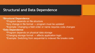 Structural and Data Dependence
•Structural Dependence
•Program depends on file structure
•Any change in file format → program must be updated
•Example: Changing a field order or name requires code changes
•Data Dependence
•Program depends on physical data storage
•Changing storage format → affects application logic
•Example: Switching from sequential to indexed file breaks code
 