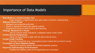 Importance of Data Models
•Data Model as a Communication Tool
Helps designers, programmers, and users share a common understanding.
•Different Views of Data
• Managers see enterprise-wide data
• Clerks or department heads see specific subsets
• Programmers focus on data structure and reporting
•Analogy: Blueprint for a House
Just as a house needs a blueprint, a database needs a data model.
•Unifies Diverse Perspectives
Allows all departments to align with the same data structure.
•Avoids Costly Conflicts
Prevents mismatches (e.g., inconsistent product codes) that can lead to errors.
•Foundation of Good Database Design
Essential for building reliable and scalable database systems.
•Improves Understanding of the Business
Clarifies how different parts of the organization are connected.
 