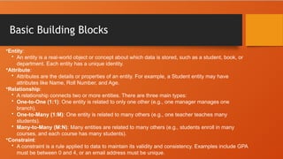 Basic Building Blocks
•Entity:
• An entity is a real-world object or concept about which data is stored, such as a student, book, or
department. Each entity has a unique identity.
•Attribute:
• Attributes are the details or properties of an entity. For example, a Student entity may have
attributes like Name, Roll Number, and Age.
•Relationship:
• A relationship connects two or more entities. There are three main types:
• One-to-One (1:1): One entity is related to only one other (e.g., one manager manages one
branch).
• One-to-Many (1:M): One entity is related to many others (e.g., one teacher teaches many
students).
• Many-to-Many (M:N): Many entities are related to many others (e.g., students enroll in many
courses, and each course has many students).
•Constraint:
• A constraint is a rule applied to data to maintain its validity and consistency. Examples include GPA
must be between 0 and 4, or an email address must be unique.
 