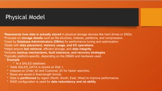 Physical Model
•Represents how data is actually stored in physical storage devices like hard drives or SSDs.
•Focuses on storage details such as file structure, indexes, partitions, and compression.
•Used by Database Administrators (DBAs) for performance tuning and optimization.
•Deals with data placement, memory usage, and I/O operations.
•Helps ensure fast retrieval, efficient storage, and data integrity.
•Includes backup mechanisms, fault tolerance, and recovery strategies.
•Typically platform-specific, depending on the DBMS and hardware used.
🔹 Example
• In a SALES database:
• Table SALES_DATA is stored on Disk 1.
• Indexed on Order_ID and Customer_ID for faster searches.
• Rows are saved in fixed-length format.
• Data is partitioned by region (North, South, East, West) to improve performance.
• RAID configuration is used for data redundancy and rel ability.
 