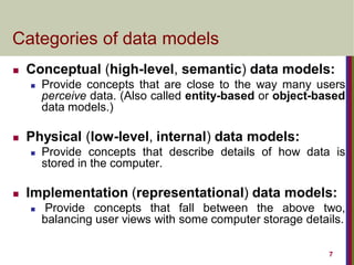 7
Categories of data models
 Conceptual (high-level, semantic) data models:
 Provide concepts that are close to the way many users
perceive data. (Also called entity-based or object-based
data models.)
 Physical (low-level, internal) data models:
 Provide concepts that describe details of how data is
stored in the computer.
 Implementation (representational) data models:
 Provide concepts that fall between the above two,
balancing user views with some computer storage details.
 