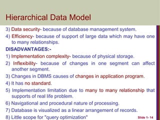 3) Data security- because of database management system.
4) Efficiency- because of support of large data which may have one
to many relationships.
DISADVANTAGES:-
1) Implementation complexity- because of physical storage.
2) Inflexibility- because of changes in one segment can affect
another segment.
3) Changes in DBMS causes of changes in application program.
4) It has no standard.
5) Implementation limitation due to many to many relationship that
supports of real life problem.
6) Navigational and procedural nature of processing.
7) Database is visualized as a linear arrangement of records.
8) Little scope for "query optimization" Slide 1- 14
Hierarchical Data Model
 