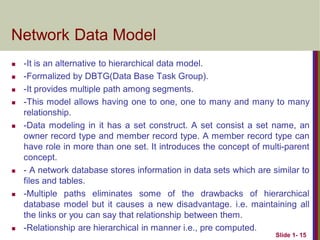  -It is an alternative to hierarchical data model.
 -Formalized by DBTG(Data Base Task Group).
 -It provides multiple path among segments.
 -This model allows having one to one, one to many and many to many
relationship.
 -Data modeling in it has a set construct. A set consist a set name, an
owner record type and member record type. A member record type can
have role in more than one set. It introduces the concept of multi-parent
concept.
 - A network database stores information in data sets which are similar to
files and tables.
 -Multiple paths eliminates some of the drawbacks of hierarchical
database model but it causes a new disadvantage. i.e. maintaining all
the links or you can say that relationship between them.
 -Relationship are hierarchical in manner i.e., pre computed.
Slide 1- 15
Network Data Model
 