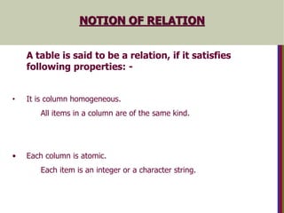 NOTION OF RELATION
A table is said to be a relation, if it satisfies
following properties: -
• It is column homogeneous.
All items in a column are of the same kind.
• Each column is atomic.
Each item is an integer or a character string.
 
