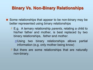 Binary Vs. Non-Binary Relationships
 Some relationships that appear to be non-binary may be
better represented using binary relationships
 E.g. A ternary relationship parents, relating a child to
his/her father and mother, is best replaced by two
binary relationships, father and mother.
Using two binary relationships allows partial
information (e.g. only mother being know)
 But there are some relationships that are naturally
non-binary.
 