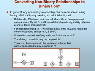 Converting Non-Binary Relationships to
Binary Form
 In general, any non-binary relationship can be represented using
binary relationships by creating an artificial entity set.
 Relationship R between entity sets A, B and C can be represented
using a new entity set E, and three relationships RA, RB and RC between
E and A, B and C respectively
 For each relationship in R, we create a new entity in E, and relate it to
the corresponding entities in A, B and C
 We need to create identifying attributes for instances of E
 Translating constraints may not be possible
 There may be instances in the translated schema that
cannot correspond to any instance of R
 