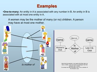 Examples
•One-to-many: An entity in A is associated with any number in B. An entity in B is
associated with at most one entity in A.
A women may be the mother of many (or no) children. A person
may have at most one mother.
Is mother of
Women's
Club
name
Low I.Q.
Club
name
Is
Mother
of
Born on
Note that this example is not saying that Moe does not
have a mother, since we know as a biological fact that
everyone has a mother.
It is simply the case that Moes mom is not a member of
the Women’s club.
 