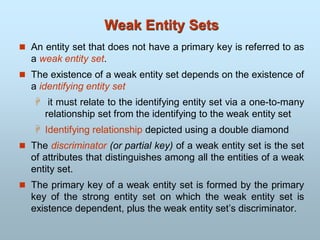 Weak Entity Sets
 An entity set that does not have a primary key is referred to as
a weak entity set.
 The existence of a weak entity set depends on the existence of
a identifying entity set
 it must relate to the identifying entity set via a one-to-many
relationship set from the identifying to the weak entity set
 Identifying relationship depicted using a double diamond
 The discriminator (or partial key) of a weak entity set is the set
of attributes that distinguishes among all the entities of a weak
entity set.
 The primary key of a weak entity set is formed by the primary
key of the strong entity set on which the weak entity set is
existence dependent, plus the weak entity set’s discriminator.
 