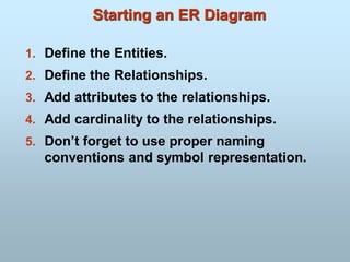 Starting an ER Diagram
1. Define the Entities.
2. Define the Relationships.
3. Add attributes to the relationships.
4. Add cardinality to the relationships.
5. Don’t forget to use proper naming
conventions and symbol representation.
 