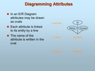 Diagramming Attributes
 In an E/R Diagram
attributes may be drawn
as ovals
 Each attribute is linked
to its entity by a line
 The name of the
attribute is written in the
oval
Student
Lecturer
Module
Tutors
Studies
ID
Course
Name
 