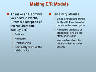 Making E/R Models
 To make an E/R model
you need to identify
(From a description of
the requirements
identify the)
 Enitities
 Attributes
 Relationships
 Cardinality ratios of the
relationships
 General guidelines
 Since entities are things
or objects they are often
nouns in the description
 Attributes are facts or
properties, and so are
often nouns also
 Verbs often describe
relationships between
entities
 