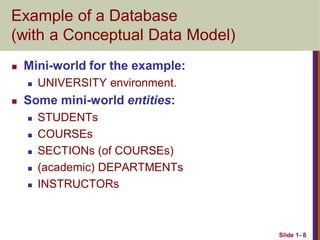 Slide 1- 8
Example of a Database
(with a Conceptual Data Model)
 Mini-world for the example:
 UNIVERSITY environment.
 Some mini-world entities:
 STUDENTs
 COURSEs
 SECTIONs (of COURSEs)
 (academic) DEPARTMENTs
 INSTRUCTORs
 